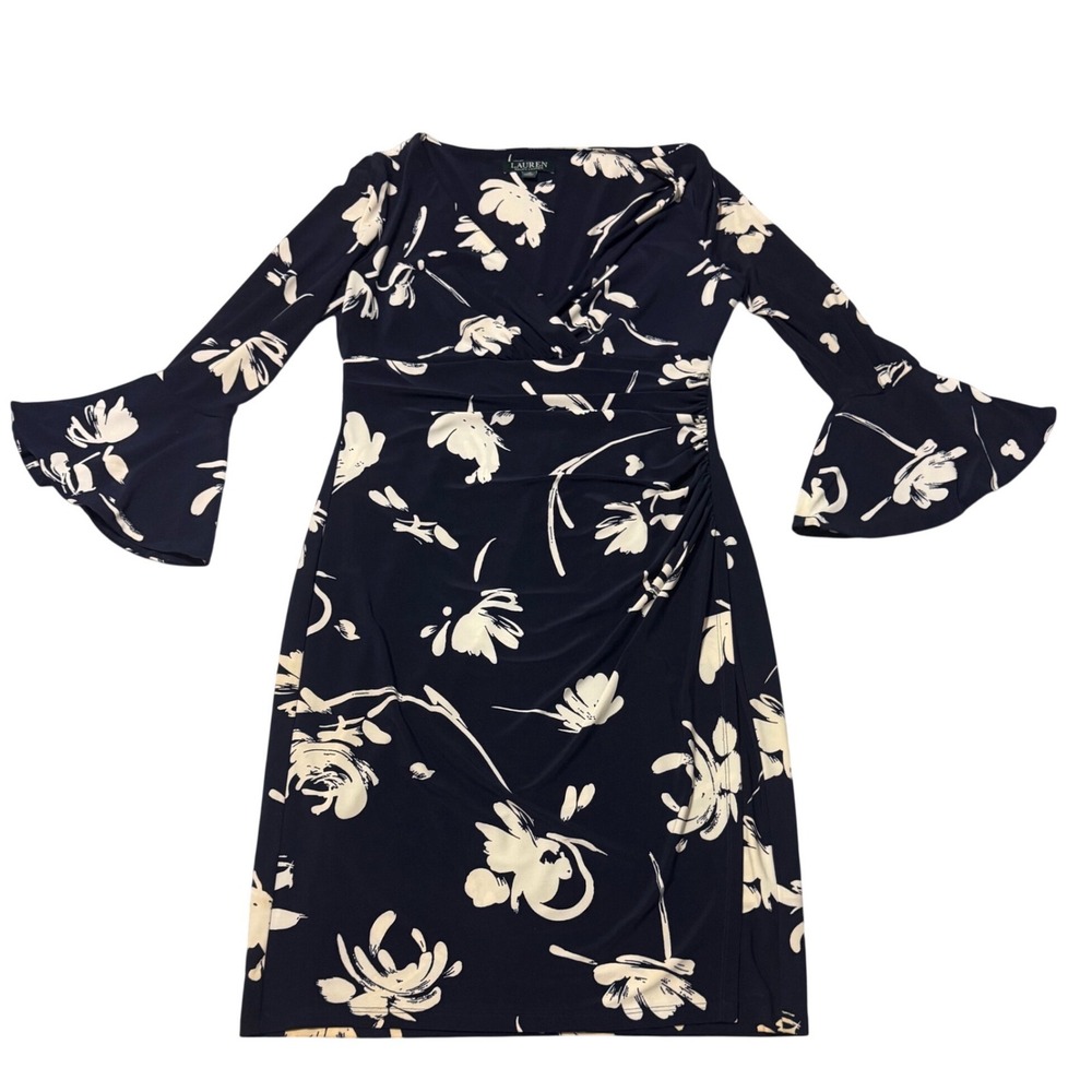 Lauren Ralph Lauren Dress Bell Sleeve Faux Wrap Navy Floral Size 10 Cottagecore